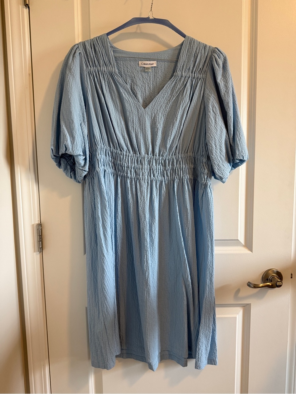 Calvin Klein Pale Blue V-Neck Smocked Midi Dress